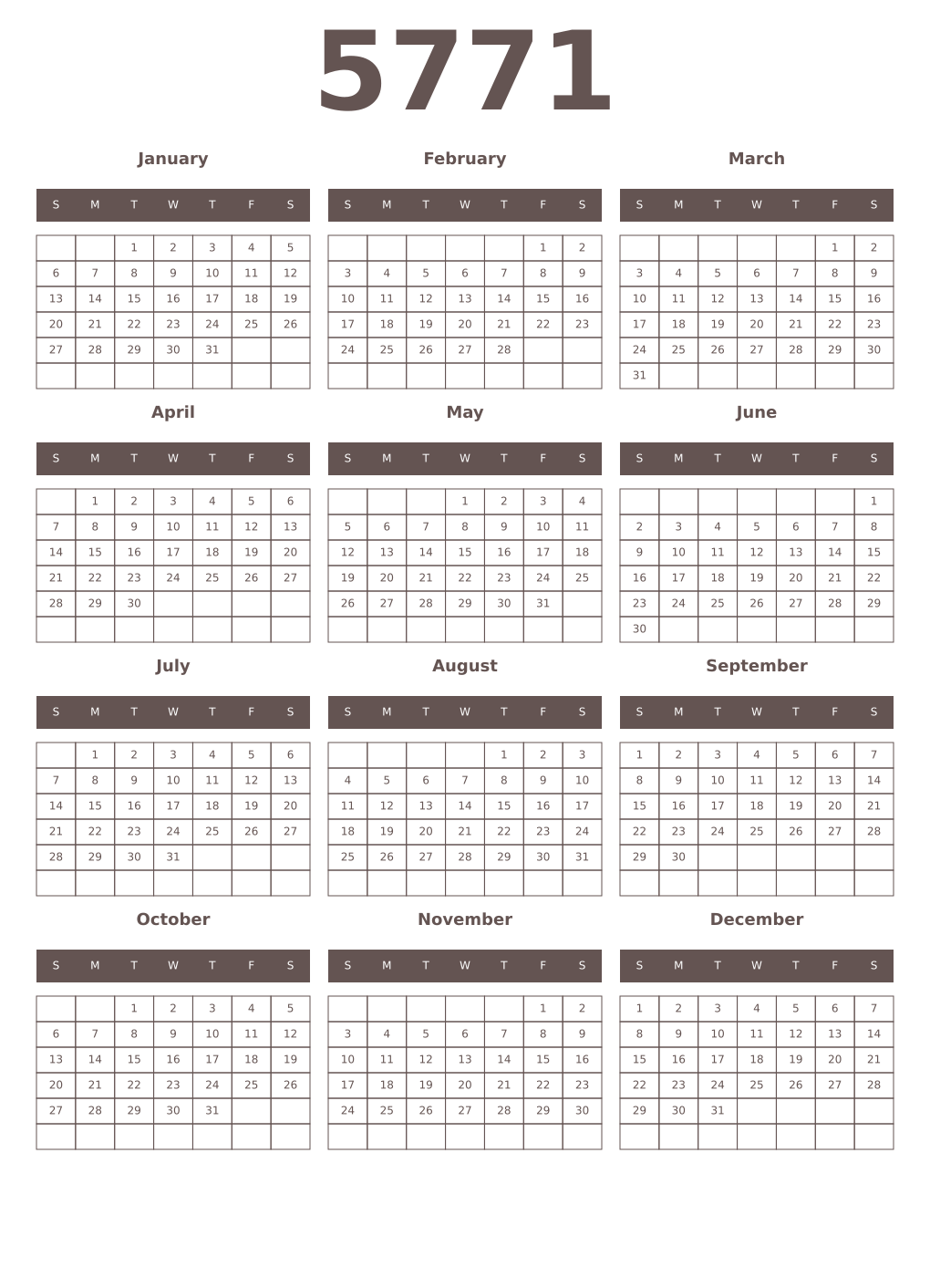 Printable 5771 Year Calendars wenge