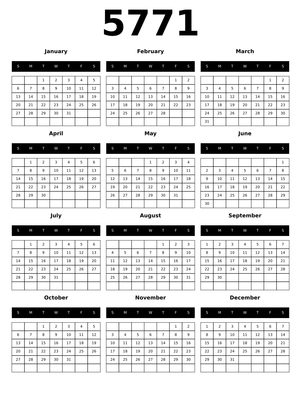 Printable 5771 Calendars