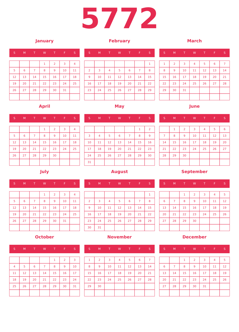 Printable 5772 Year Calendars amaranth