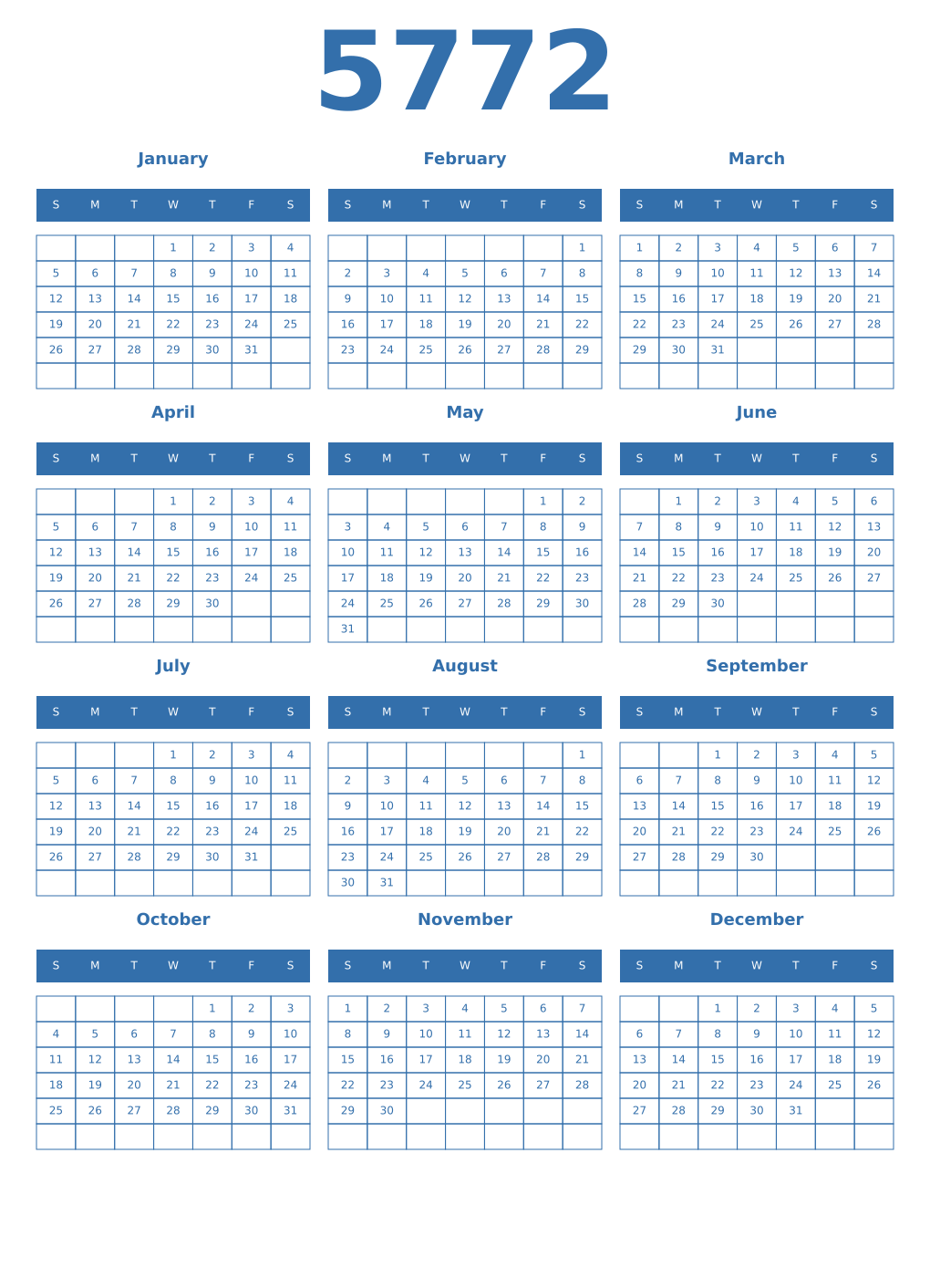 Printable 5772 Year Calendars blue