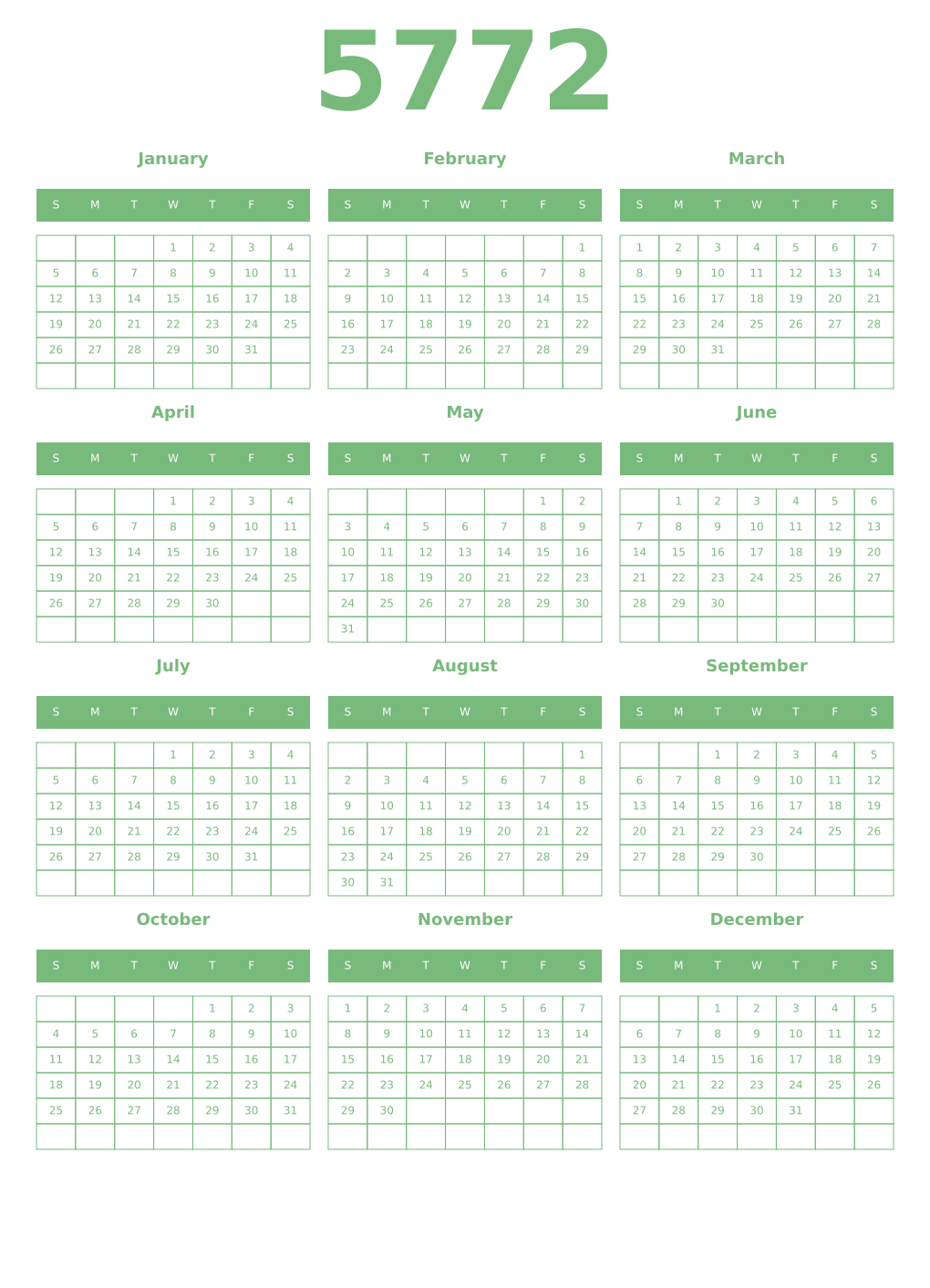 Printable 5772 Year Calendars celadon