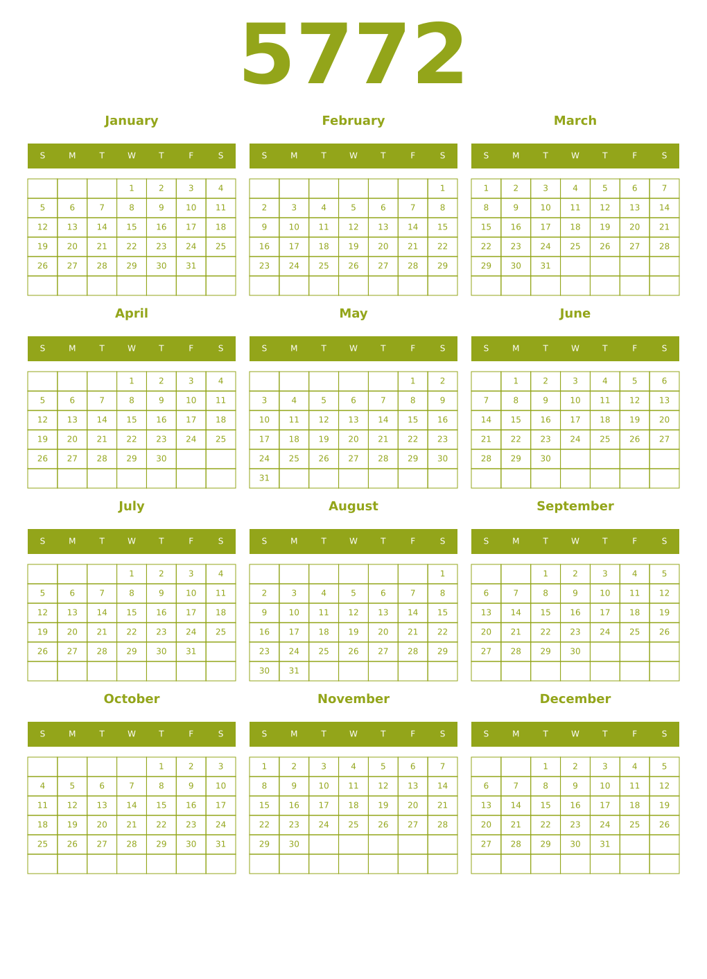 Printable 5772 Year Calendars chartreuse