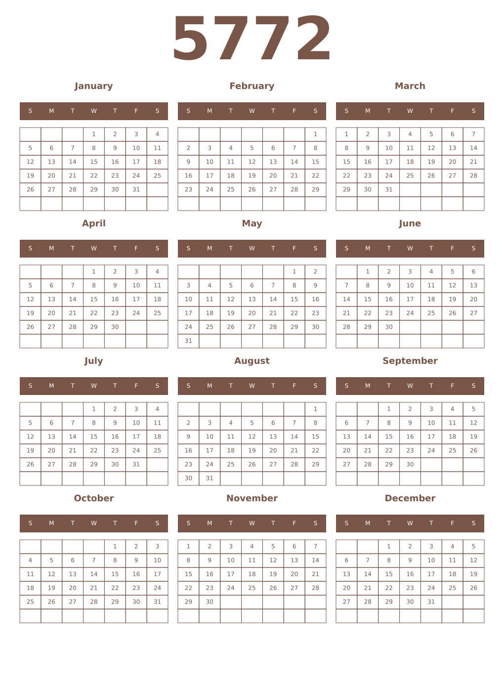 Printable 5772 Year Calendars coffe