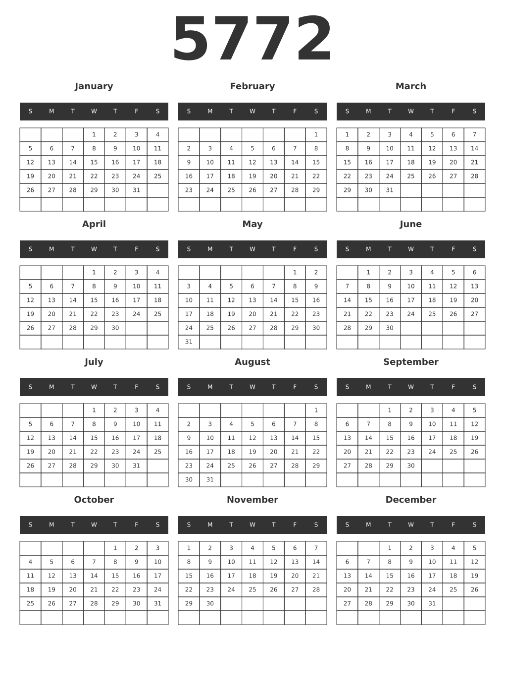 Printable 5772 Year Calendars dark
