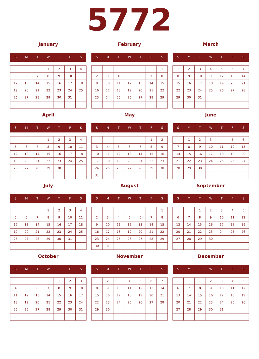 Printable 5772 Year Calendars falu