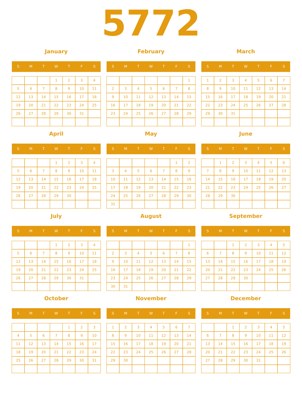 Printable 5772 Year Calendars gamboge