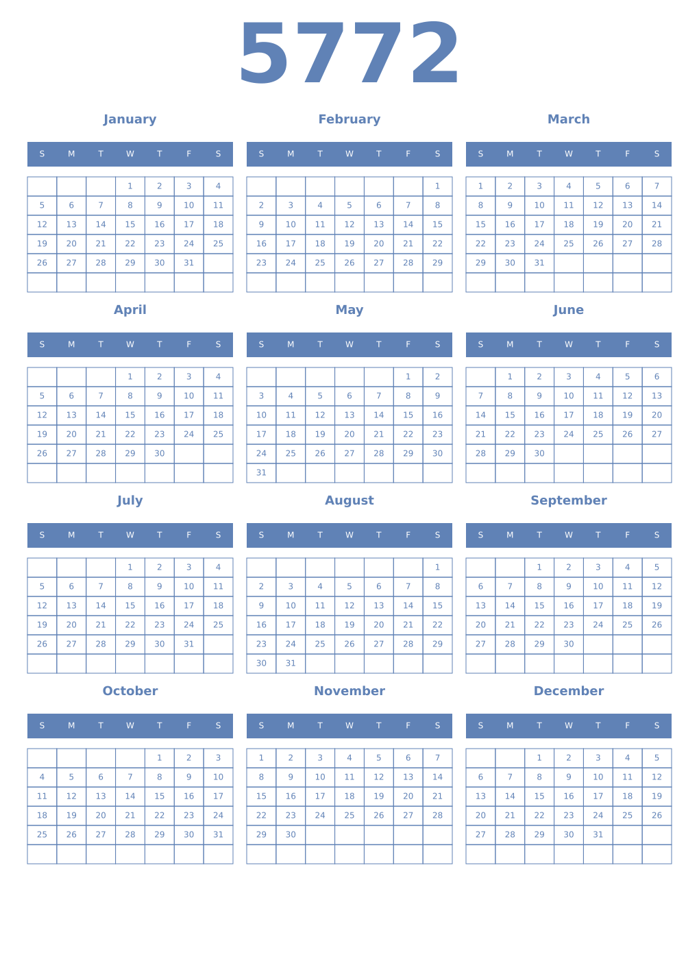 Printable 5772 Year Calendars glaucous