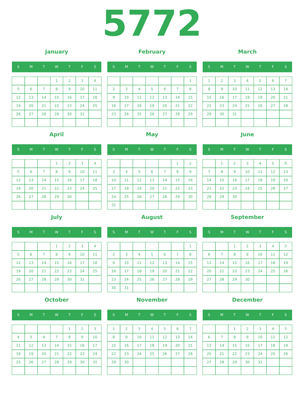 Printable 5772 Year Calendars green