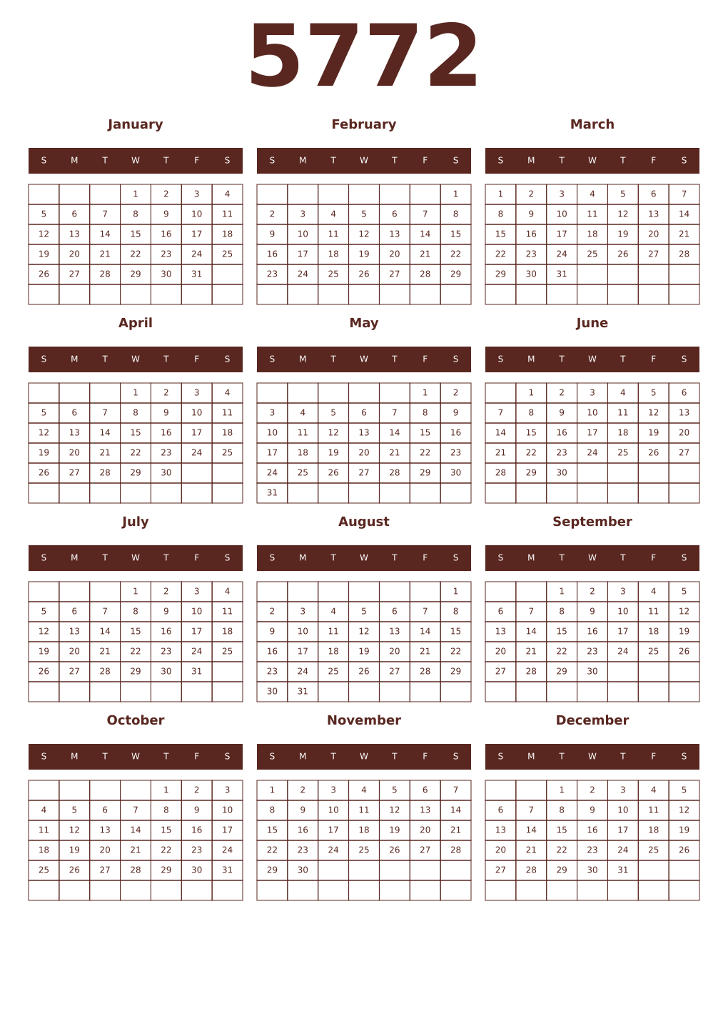 Printable 5772 Year Calendars mortuum