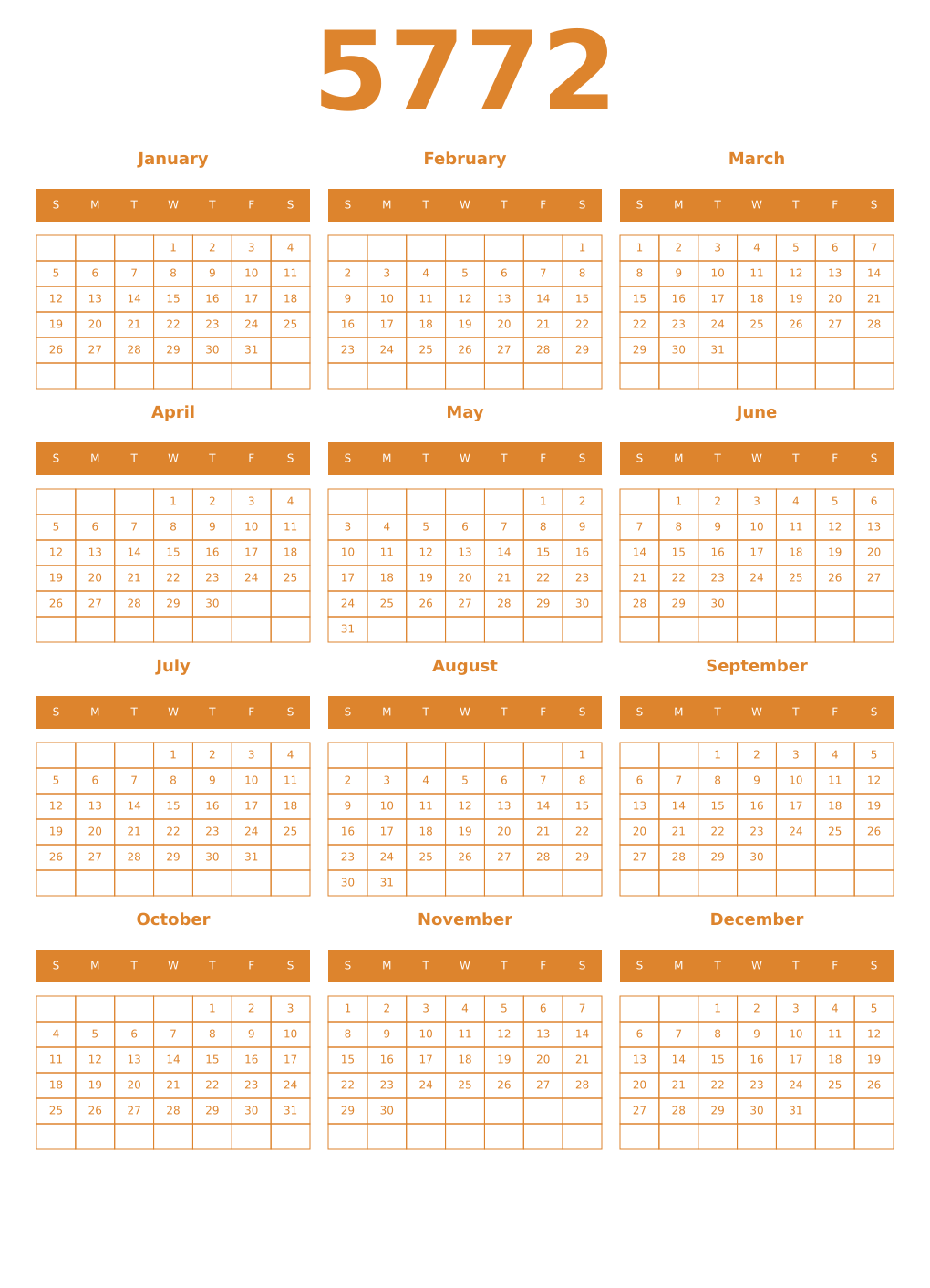 Printable 5772 Year Calendars orange