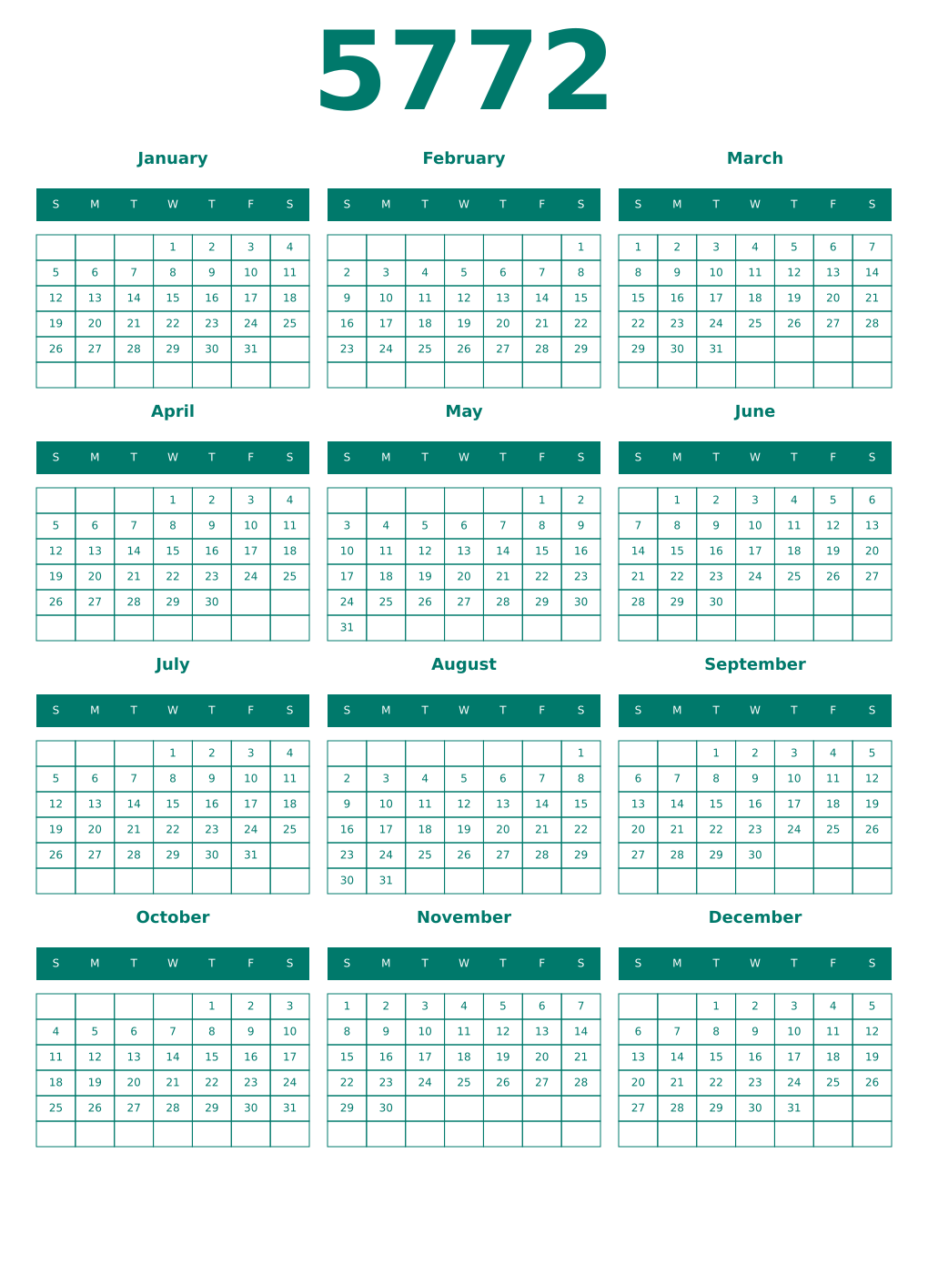 Printable 5772 Year Calendars pastel