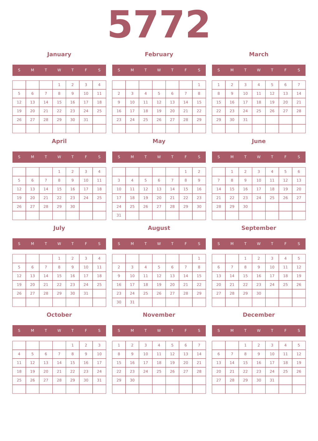 Printable 5772 Year Calendars puce