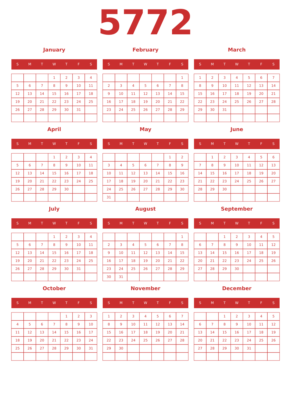Printable 5772 Year Calendars red
