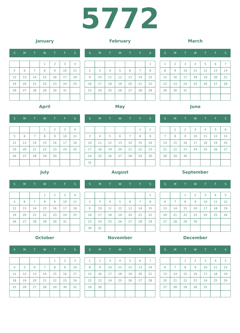 Printable 5772 Year Calendars viridian