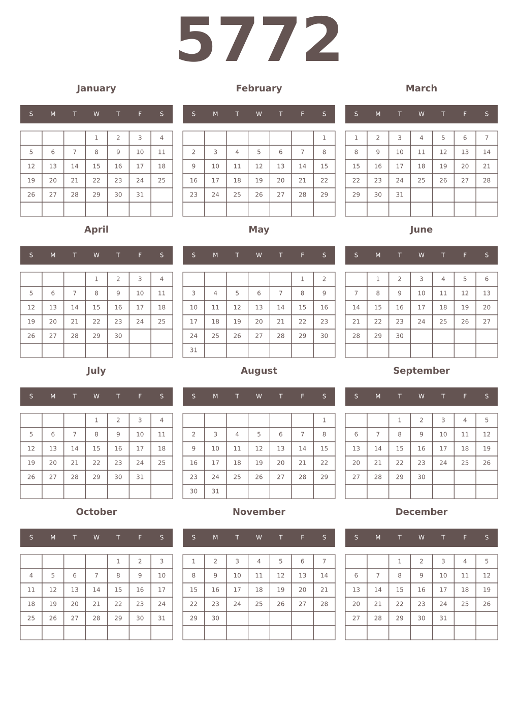 Printable 5772 Year Calendars wenge