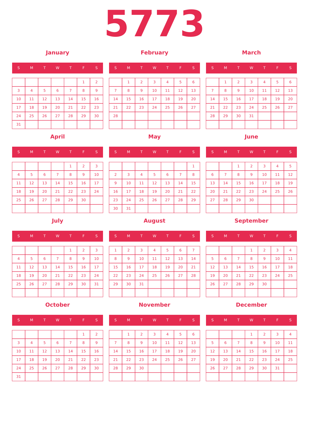 Printable 5773 Year Calendars amaranth