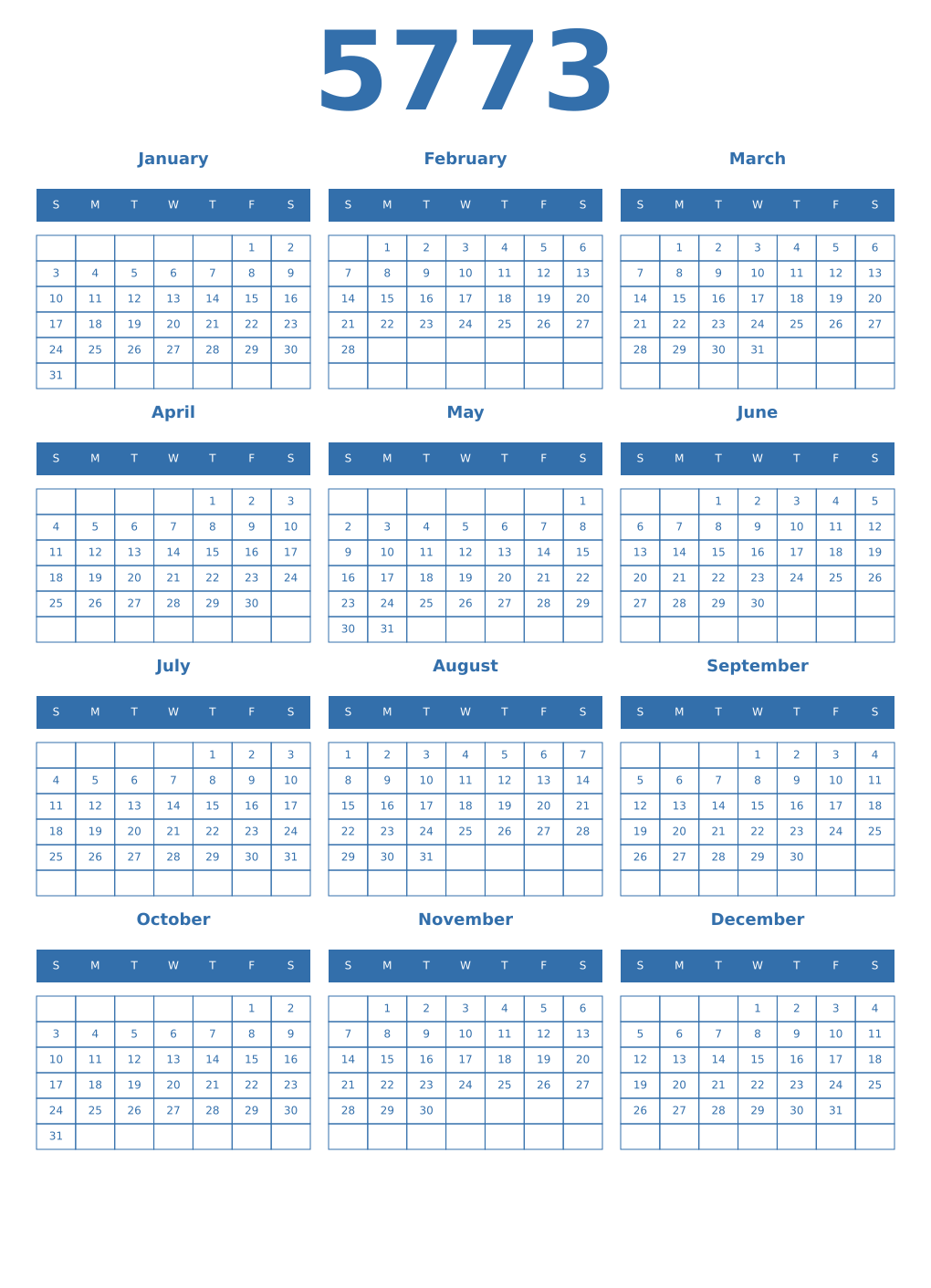 Printable 5773 Year Calendars blue