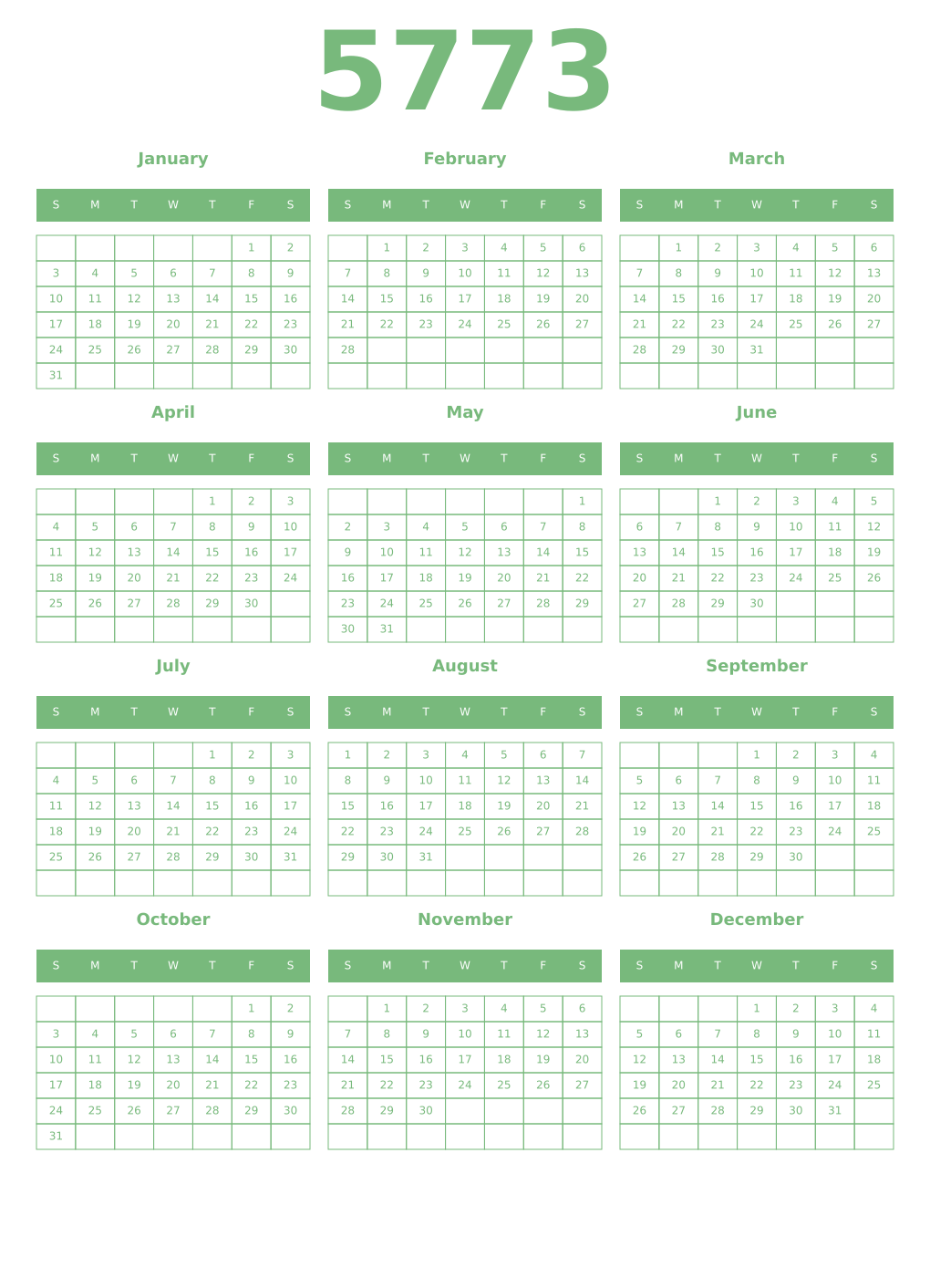 Printable 5773 Year Calendars celadon