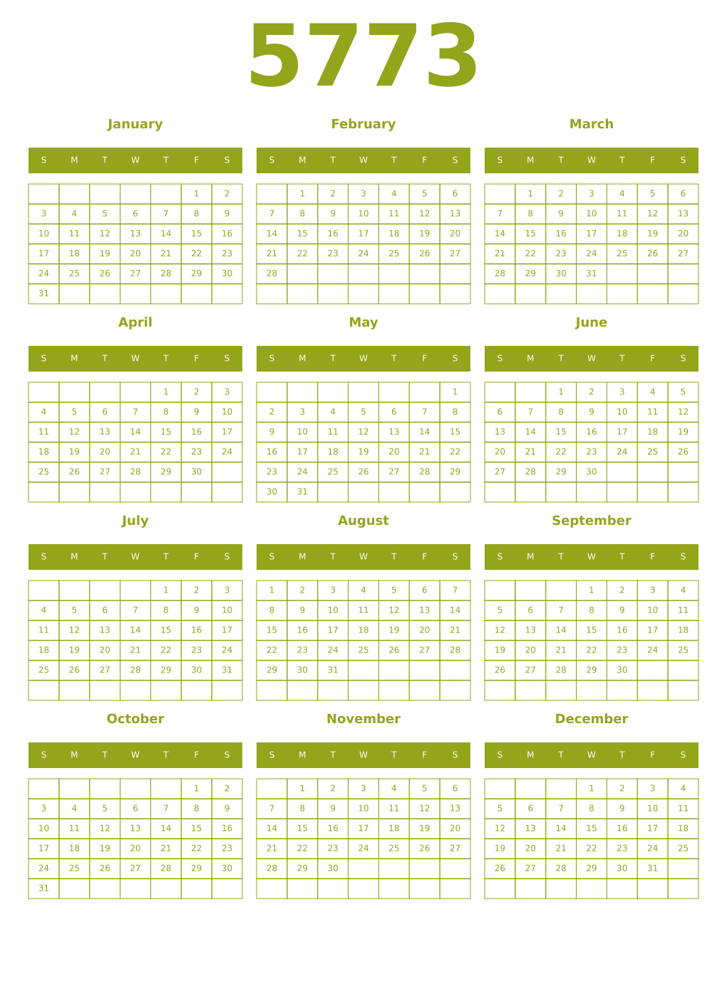 Printable 5773 Year Calendars chartreuse