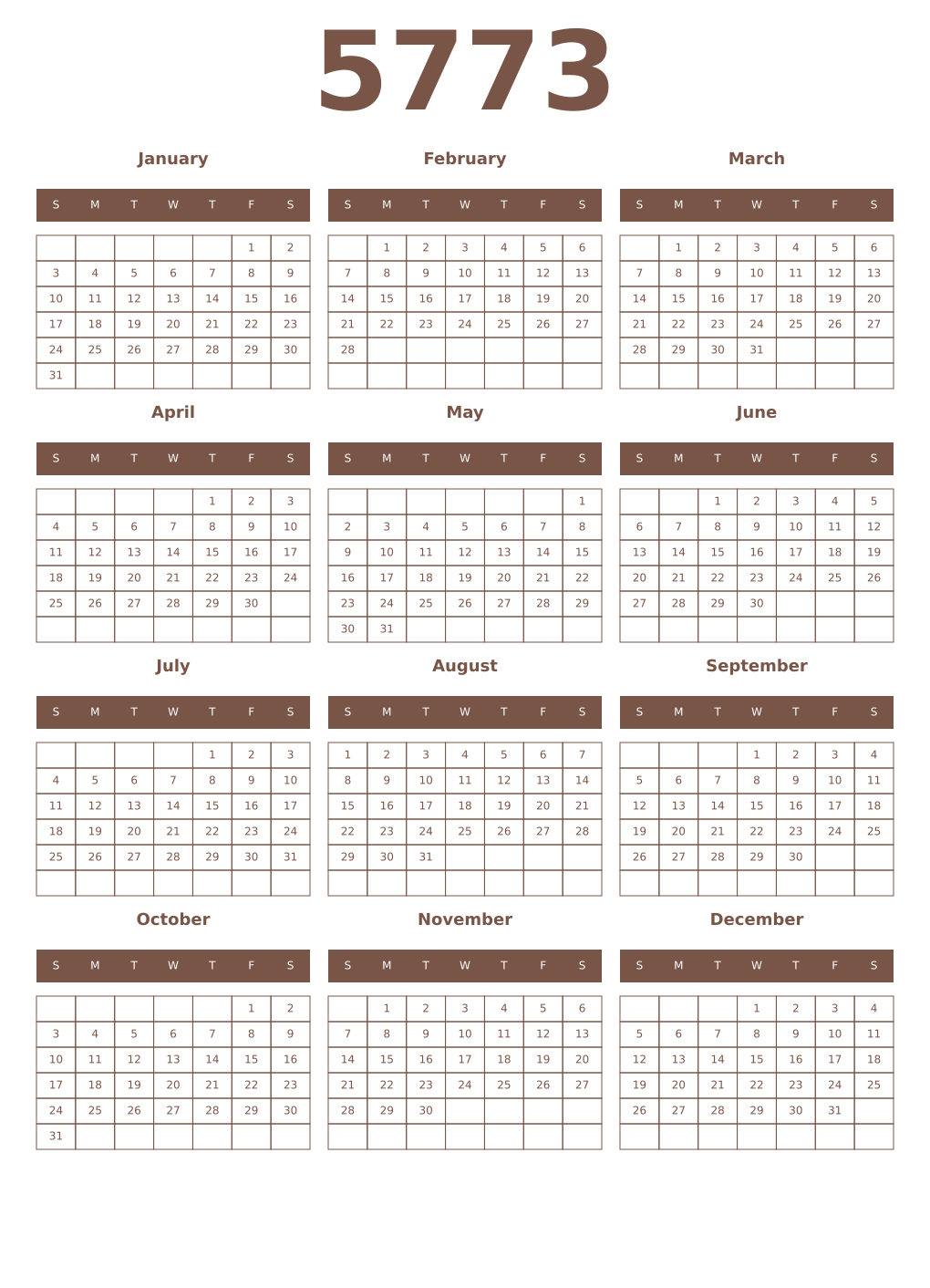 Printable 5773 Year Calendars coffe