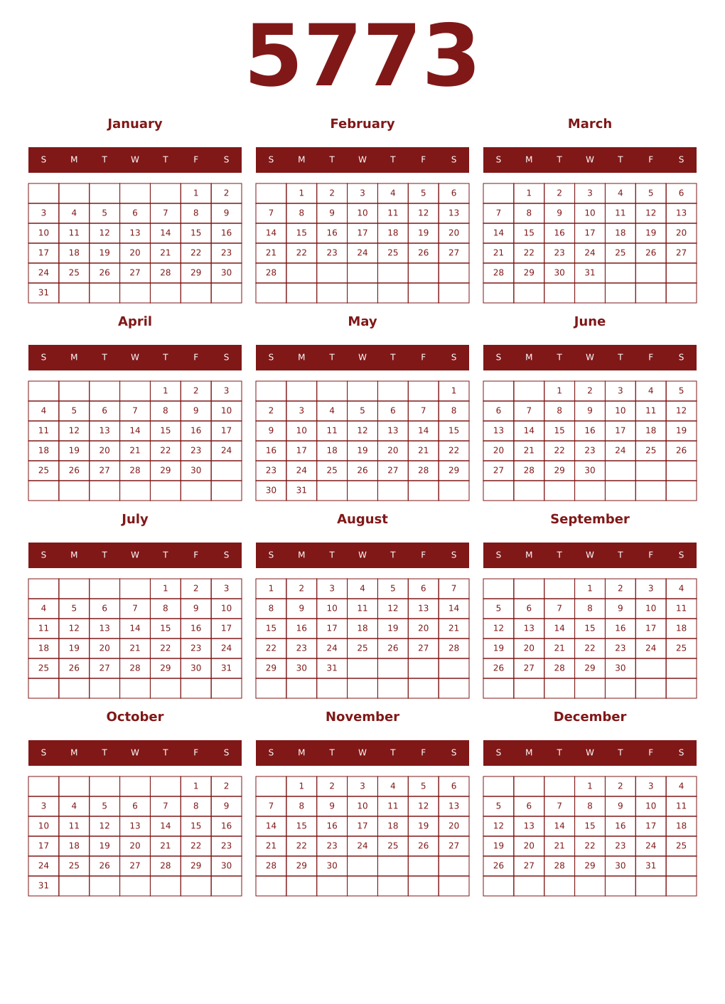 Printable 5773 Year Calendars falu