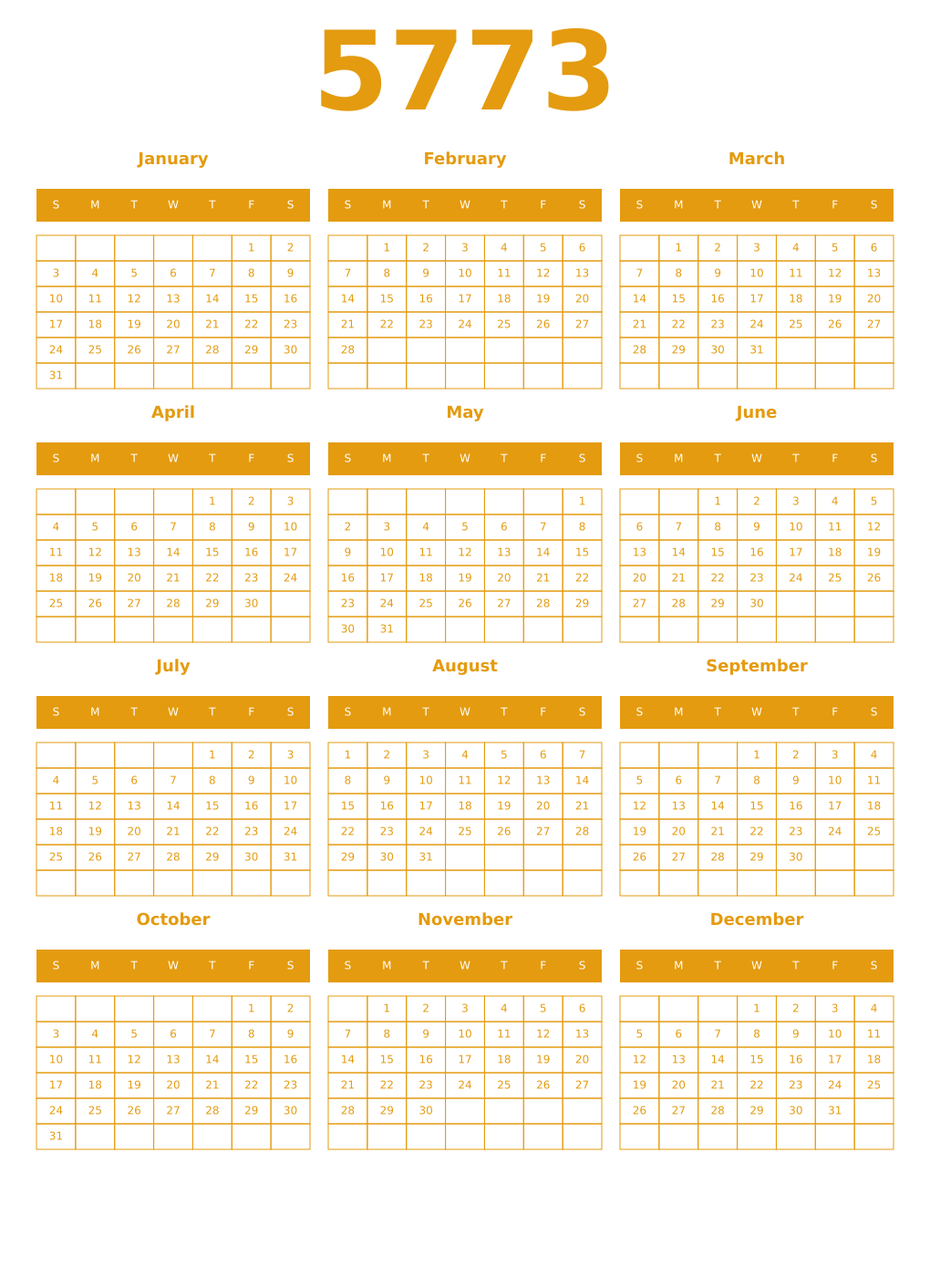 Printable 5773 Year Calendars gamboge