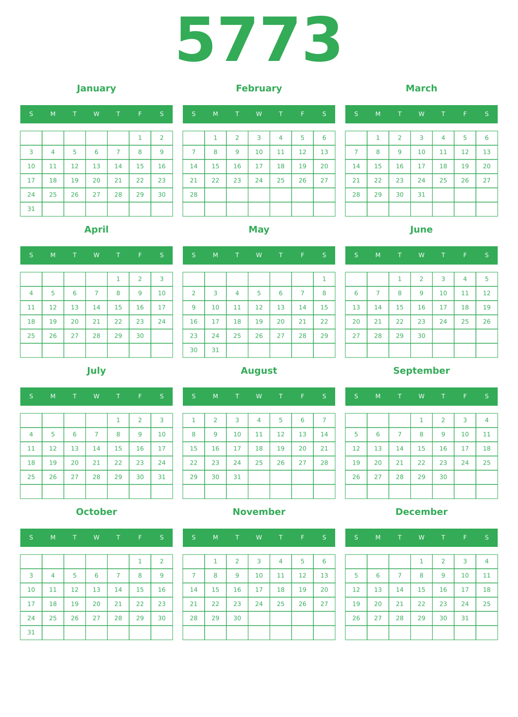 Printable 5773 Year Calendars green