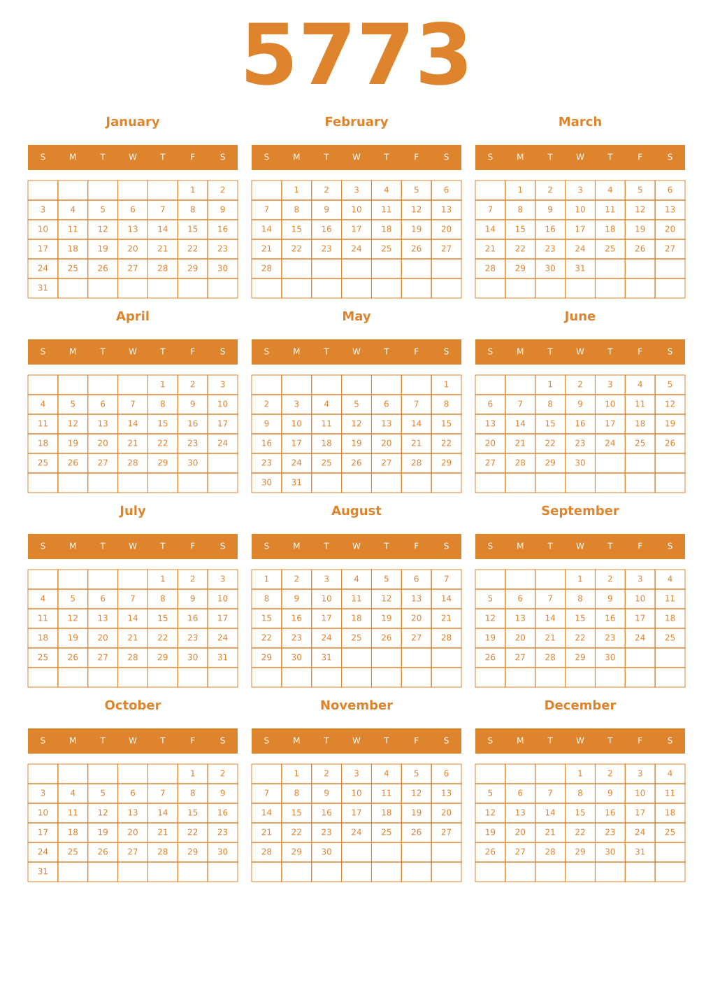 Printable 5773 Year Calendars orange