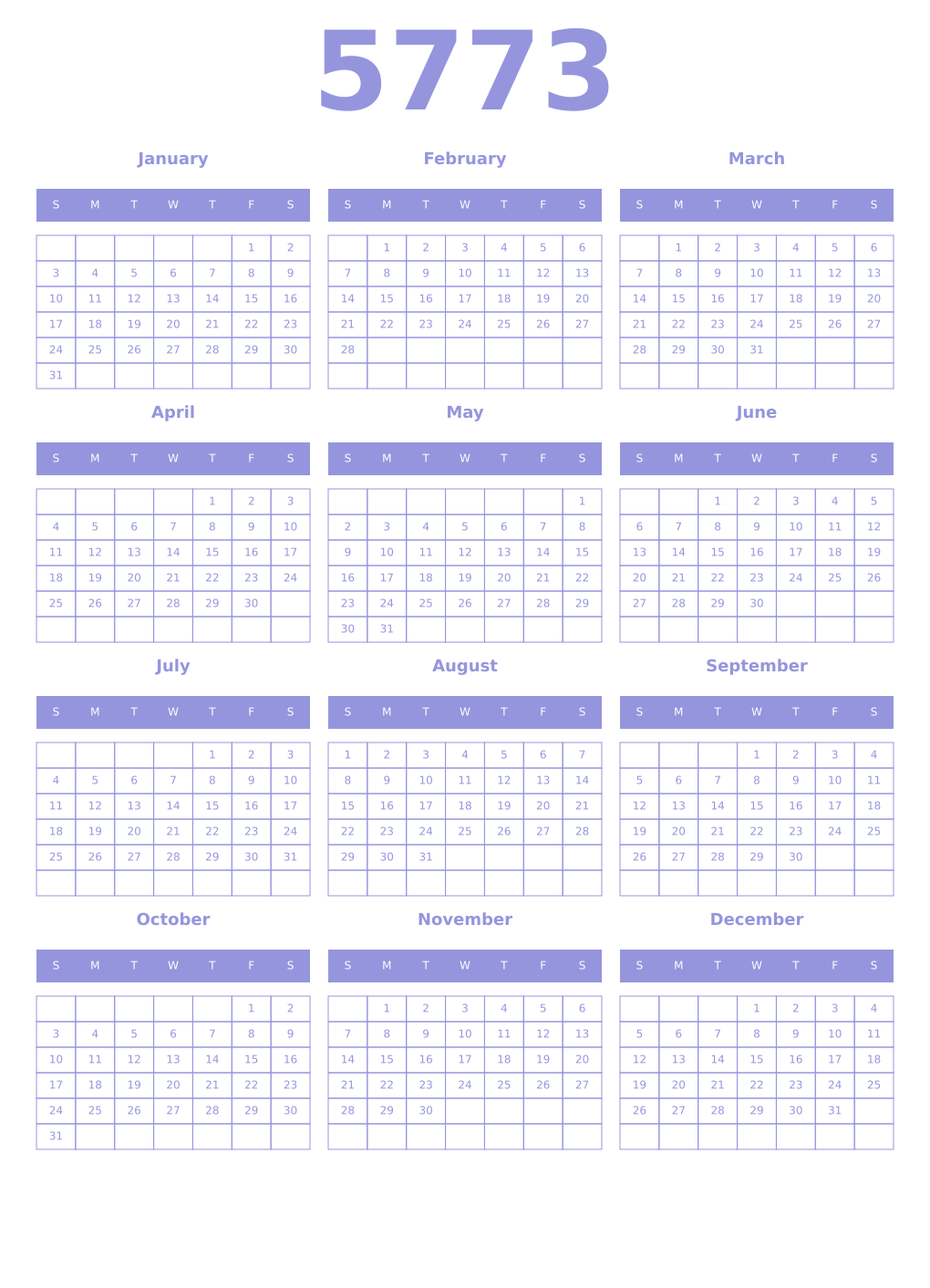 Printable 5773 Year Calendars periwinkle