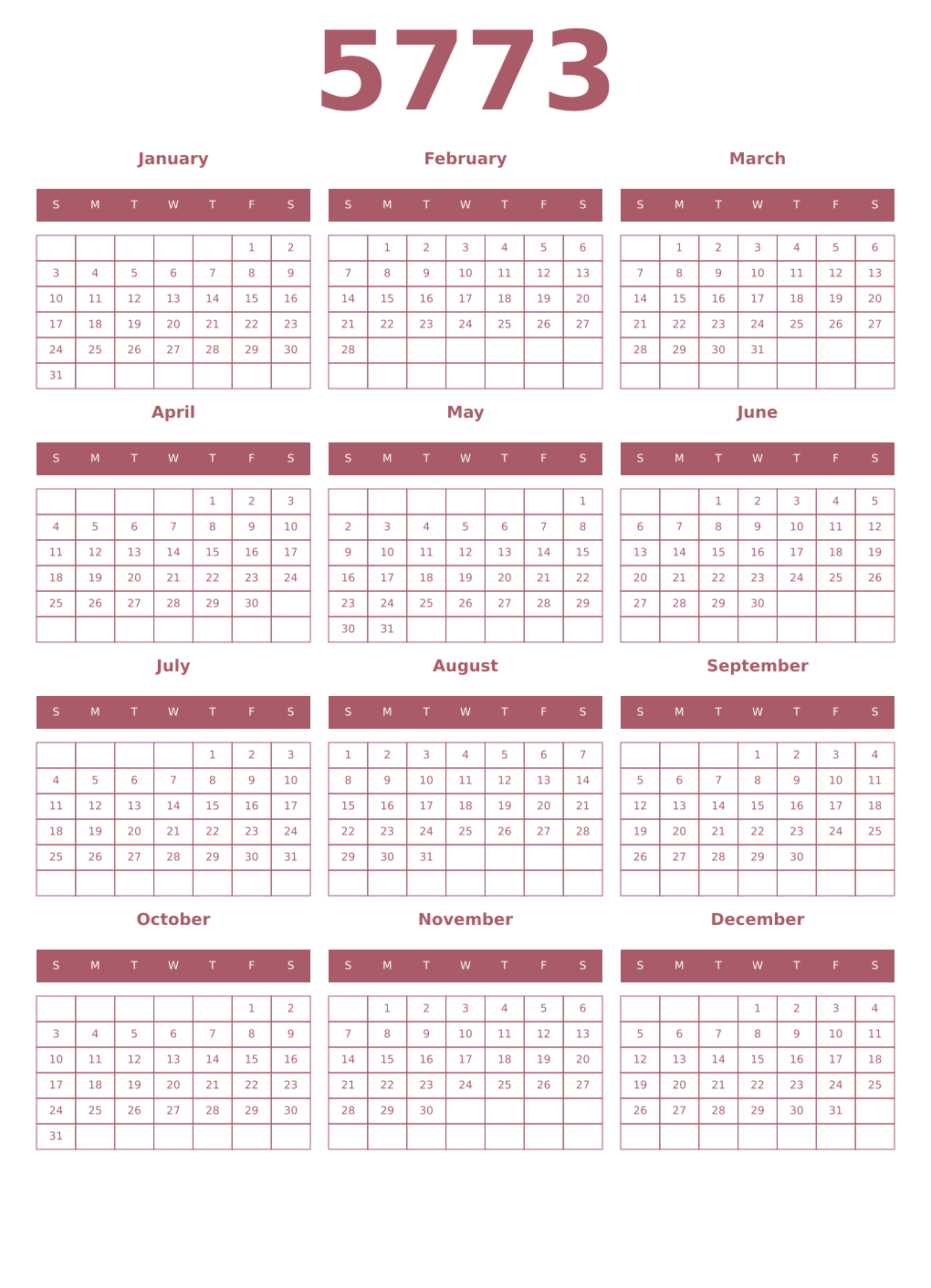Printable 5773 Year Calendars puce