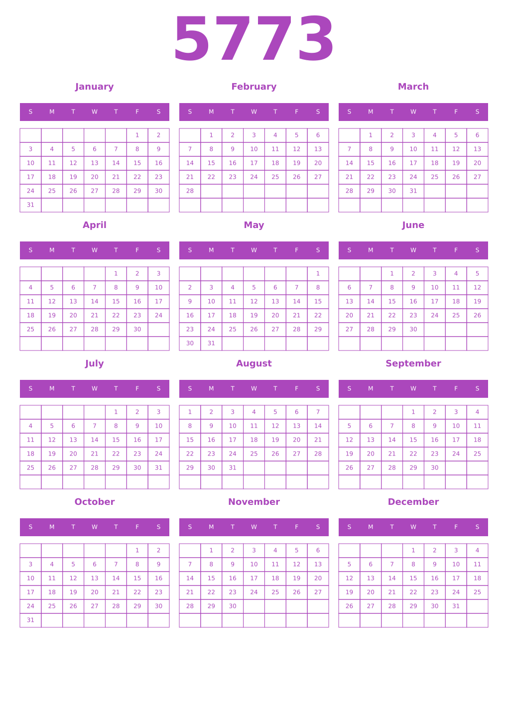 Printable 5773 Year Calendars purple