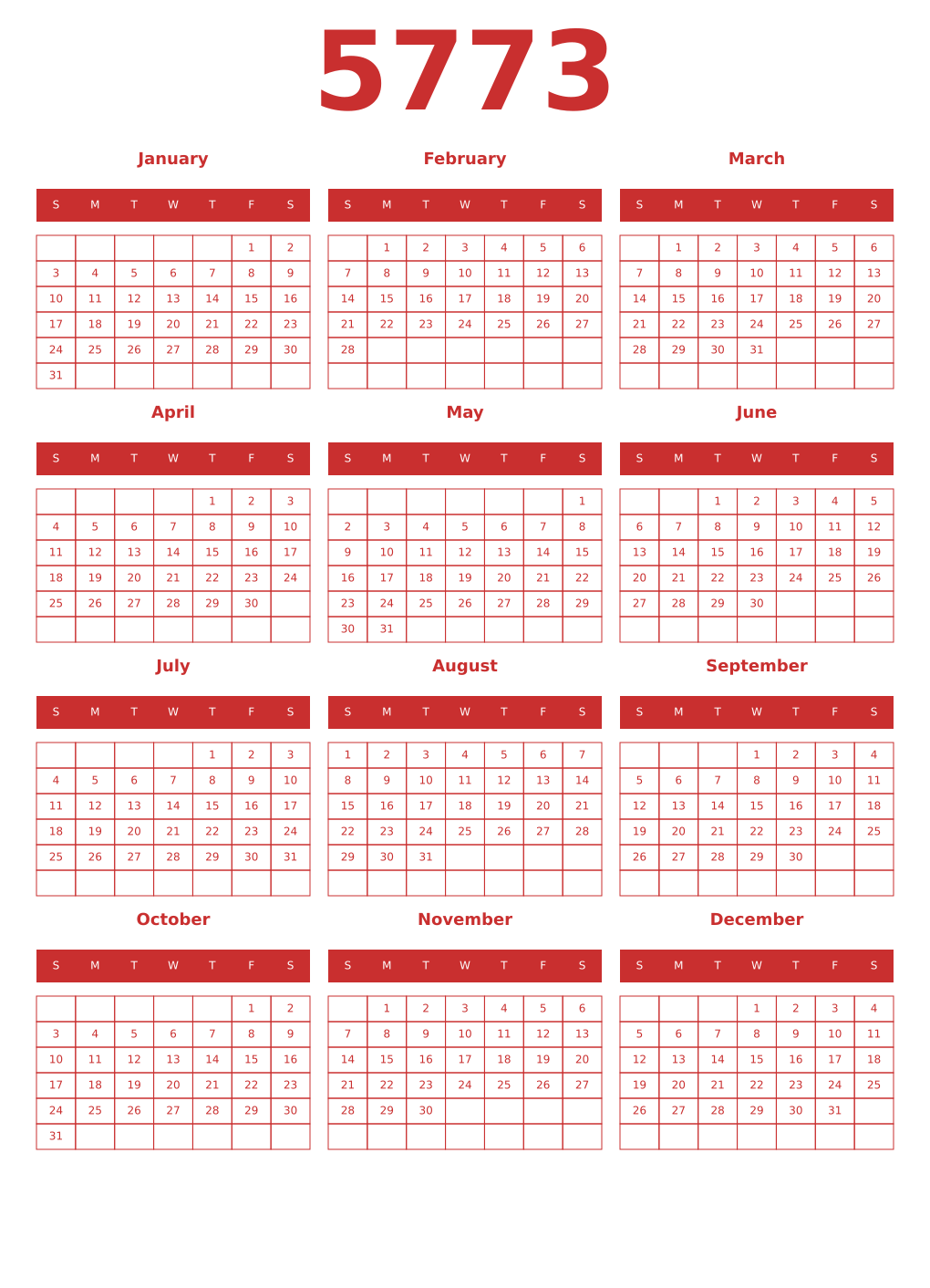 Printable 5773 Year Calendars red