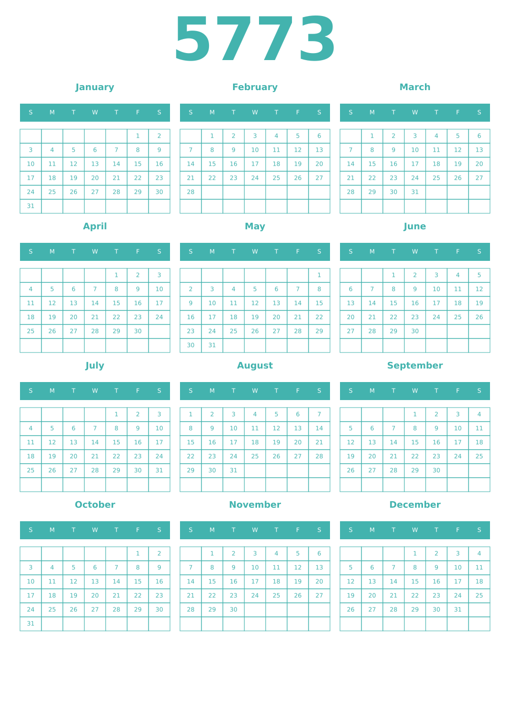 Printable 5773 Year Calendars verdigris