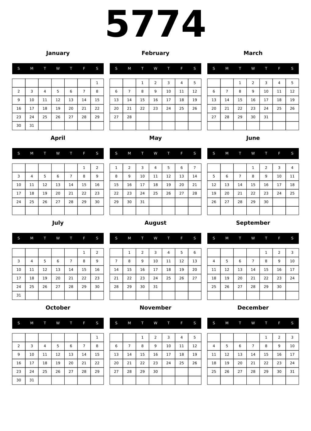 Printable 5774 Year Calendars black