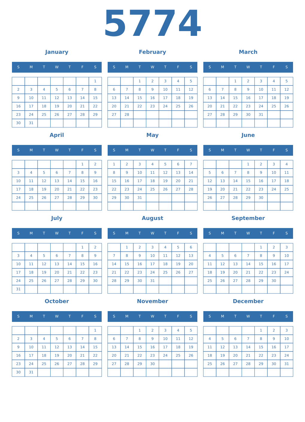 Printable 5774 Year Calendars blue