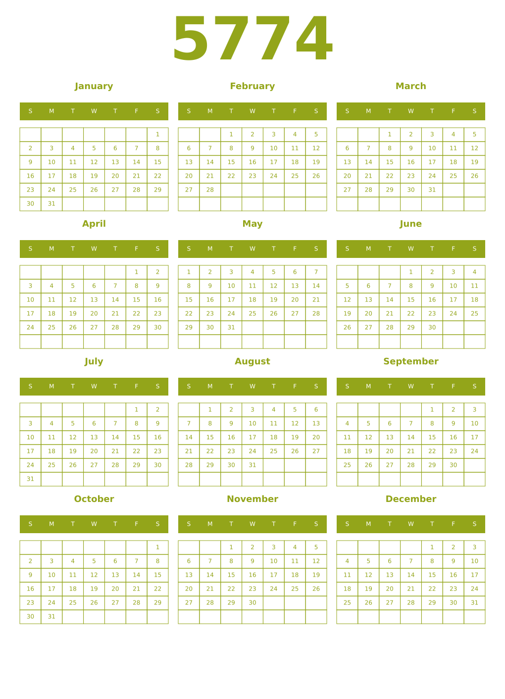 Printable 5774 Year Calendars chartreuse
