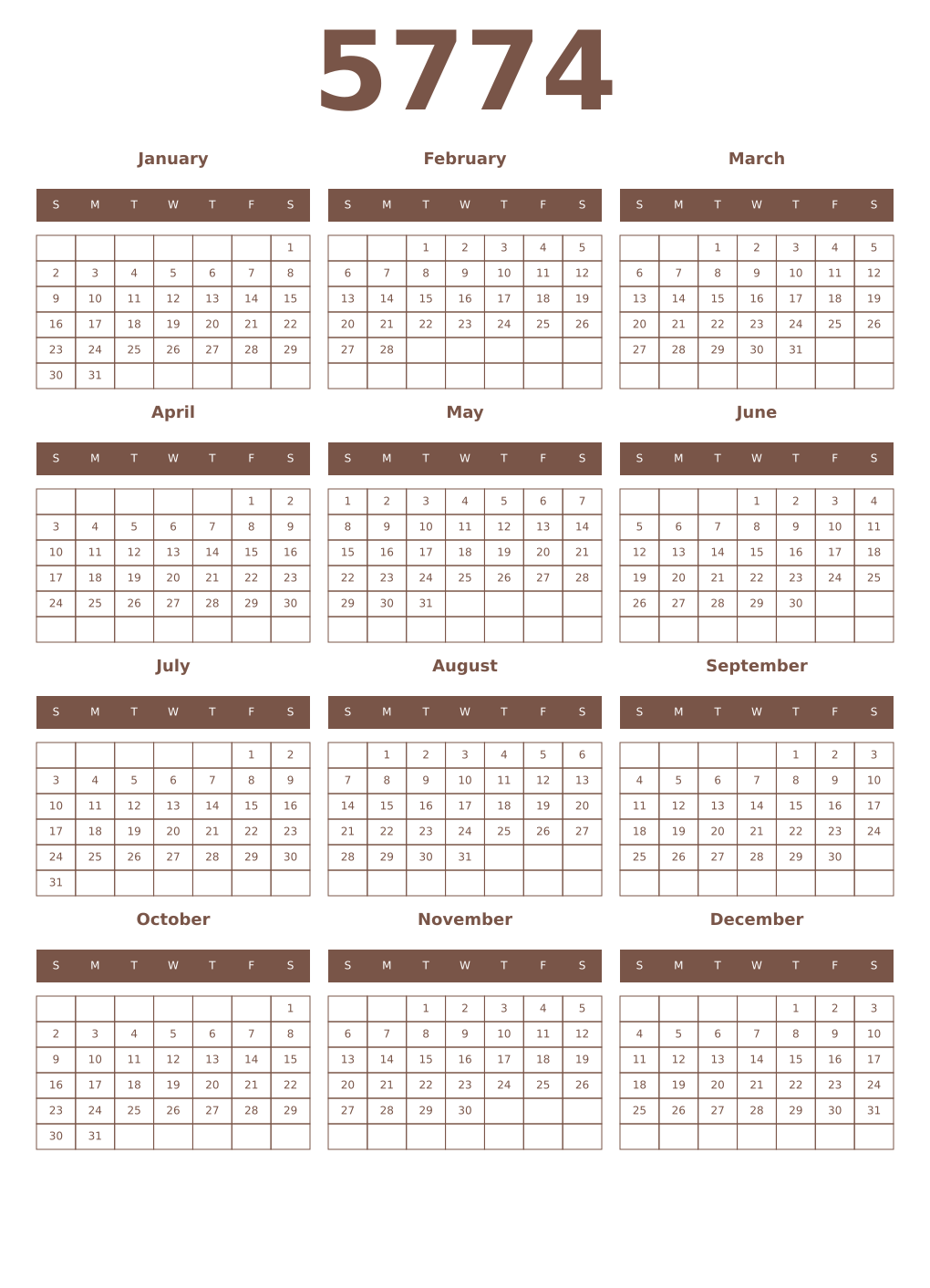 Printable 5774 Year Calendars coffe