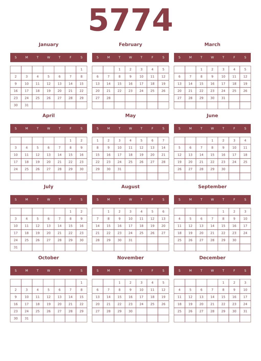 Printable 5774 Year Calendars cordovan