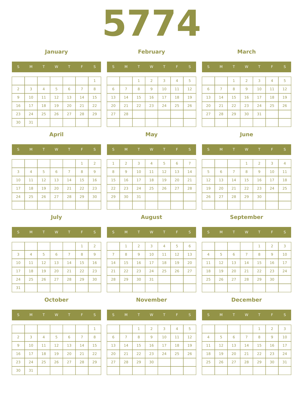 Printable 5774 Year Calendars eburnean