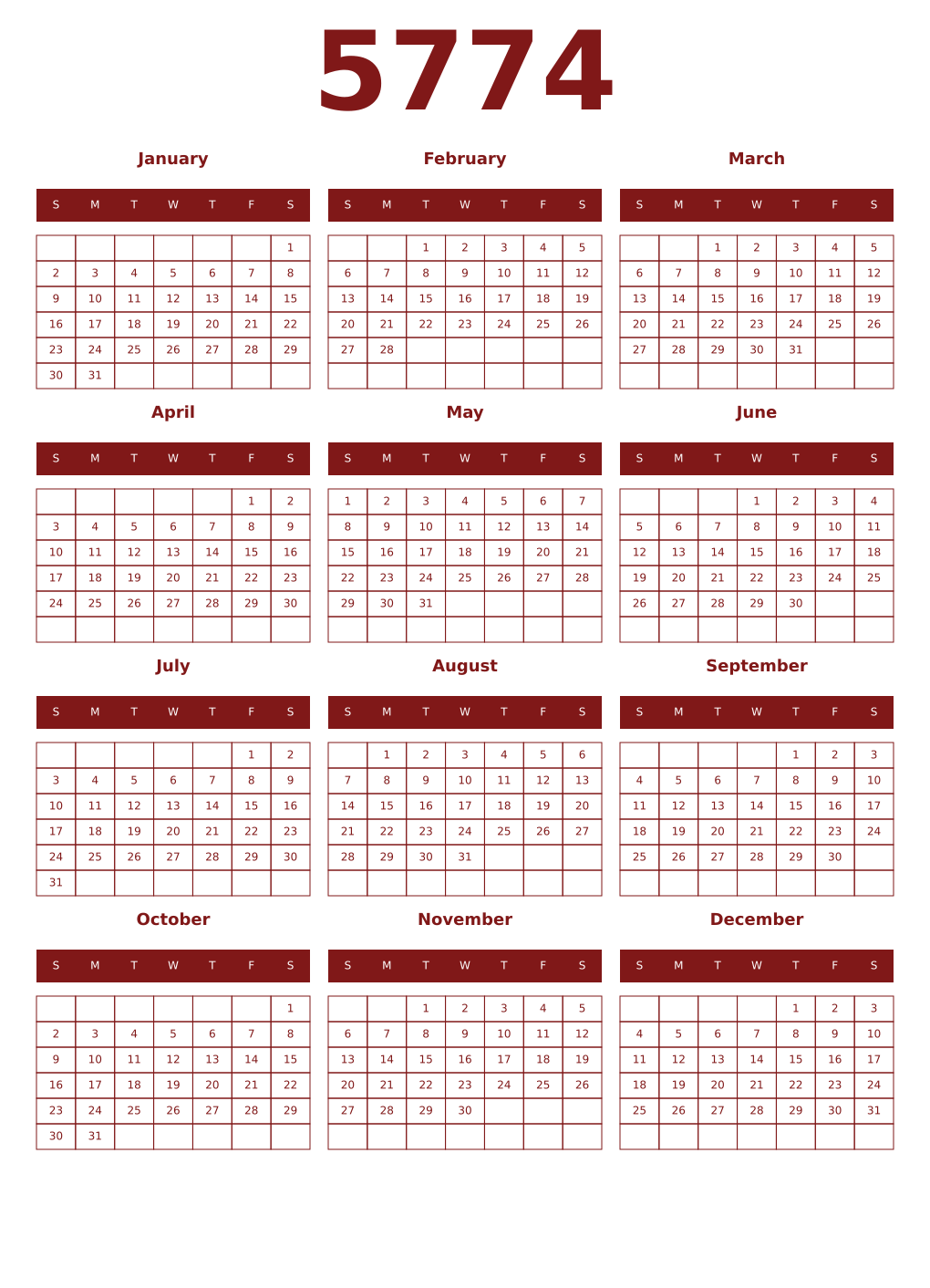 Printable 5774 Year Calendars falu
