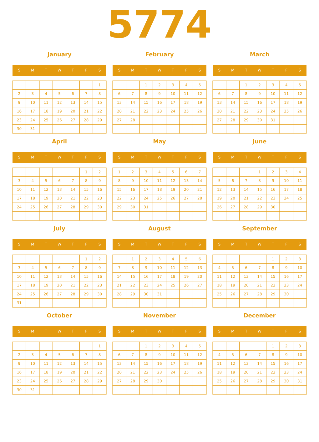 Printable 5774 Year Calendars gamboge