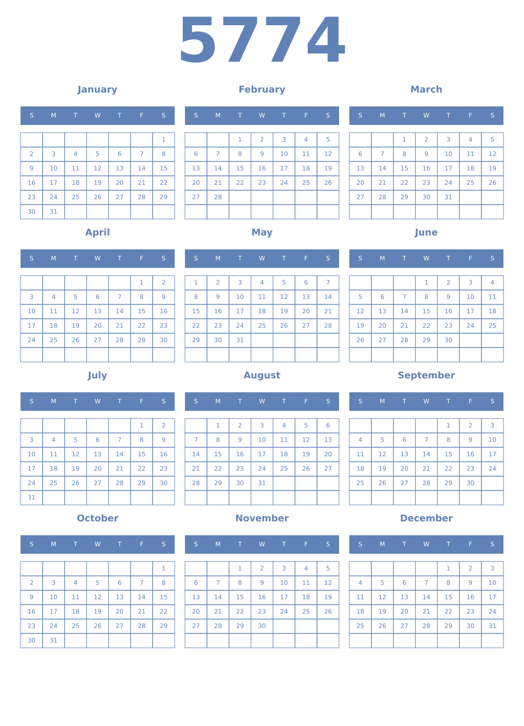 Printable 5774 Year Calendars glaucous