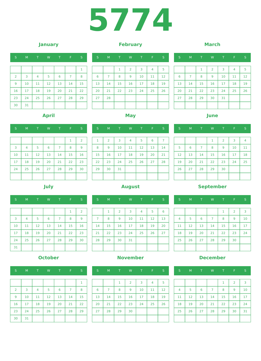 Printable 5774 Year Calendars green