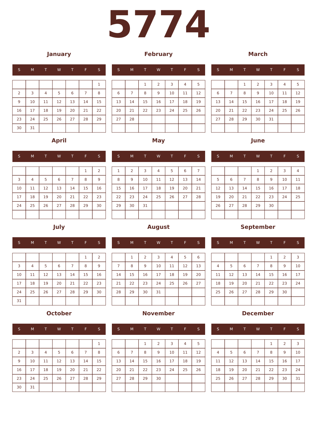 Printable 5774 Year Calendars mortuum