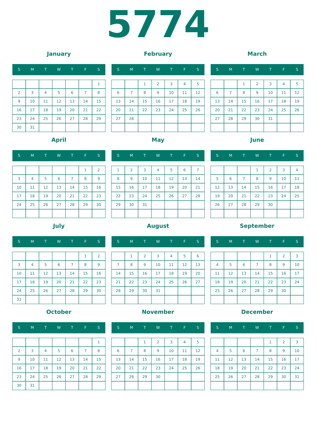 Printable 5774 Year Calendars pastel