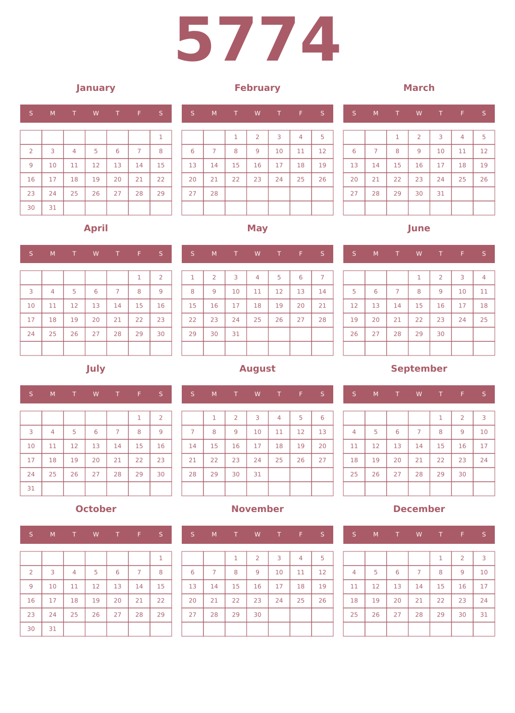 Printable 5774 Year Calendars puce