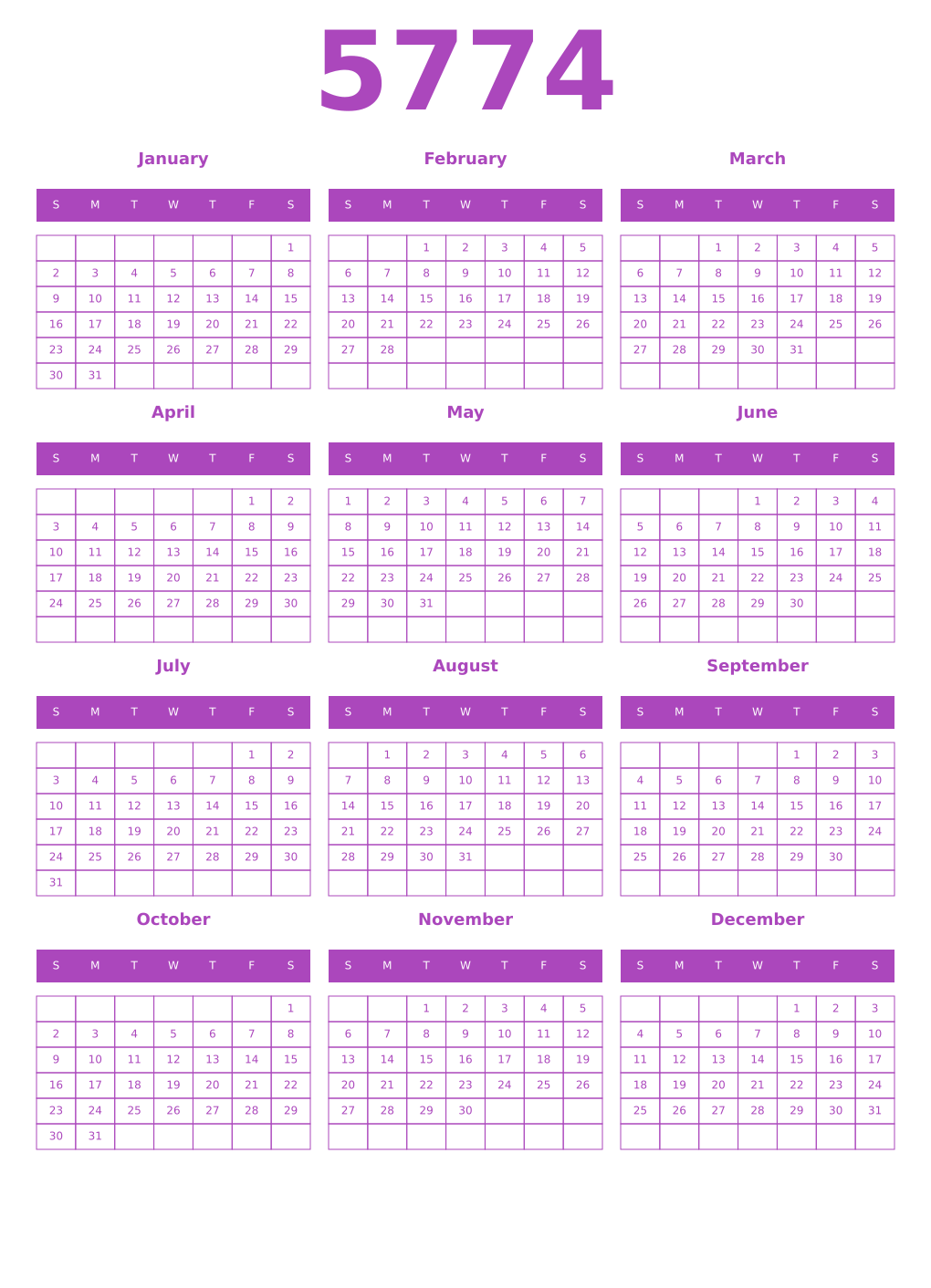 Printable 5774 Year Calendars purple