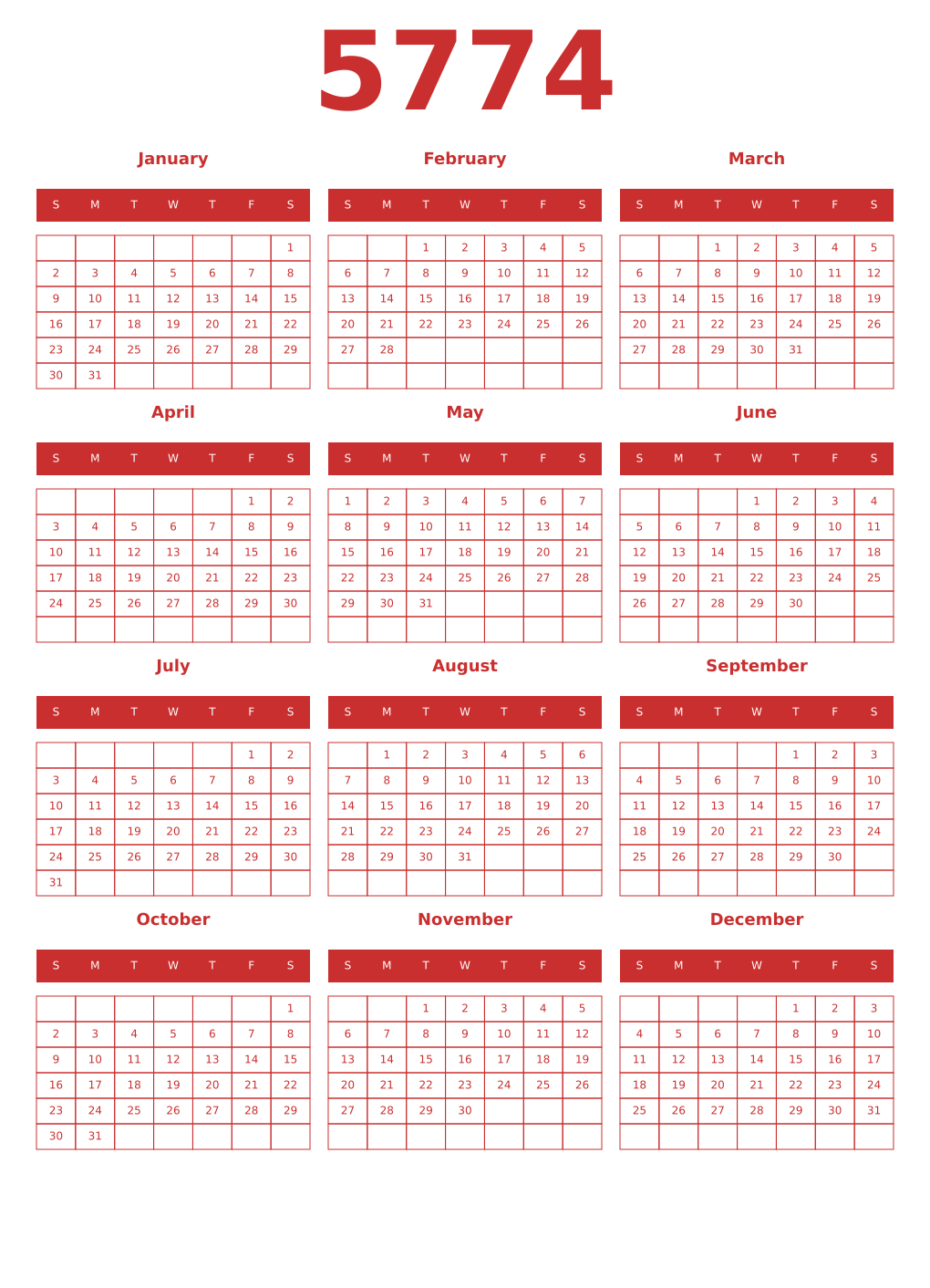 Printable 5774 Year Calendars red