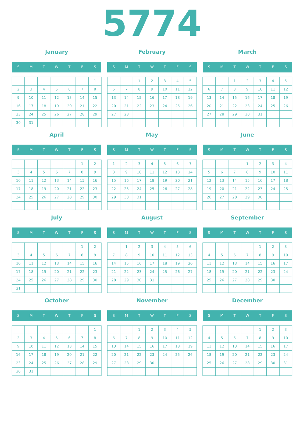 Printable 5774 Year Calendars verdigris