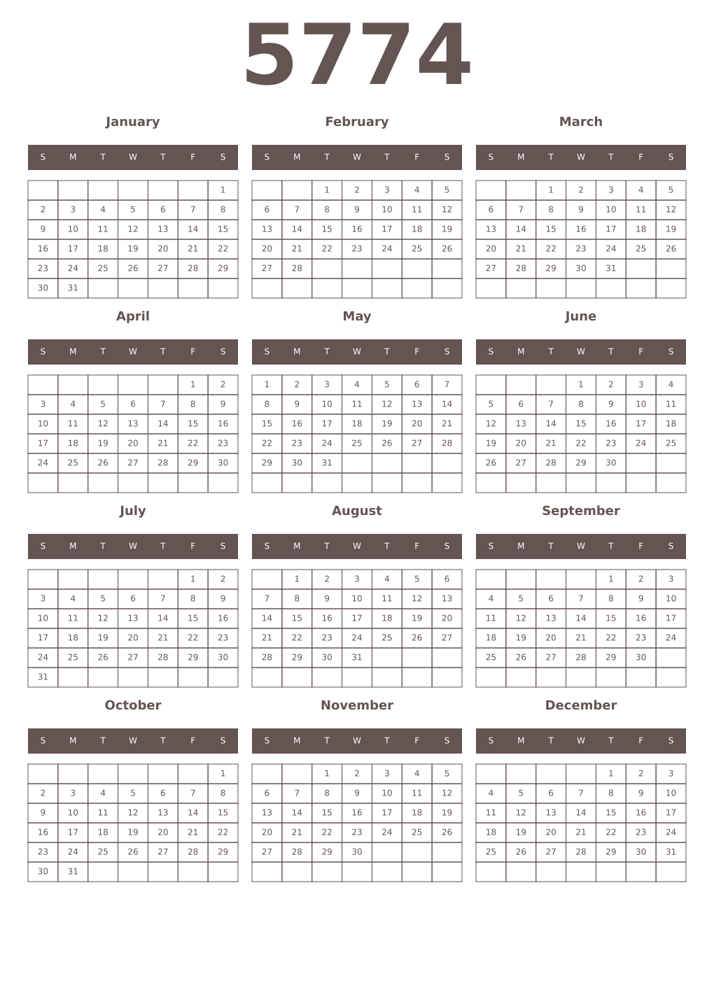 Printable 5774 Year Calendars wenge